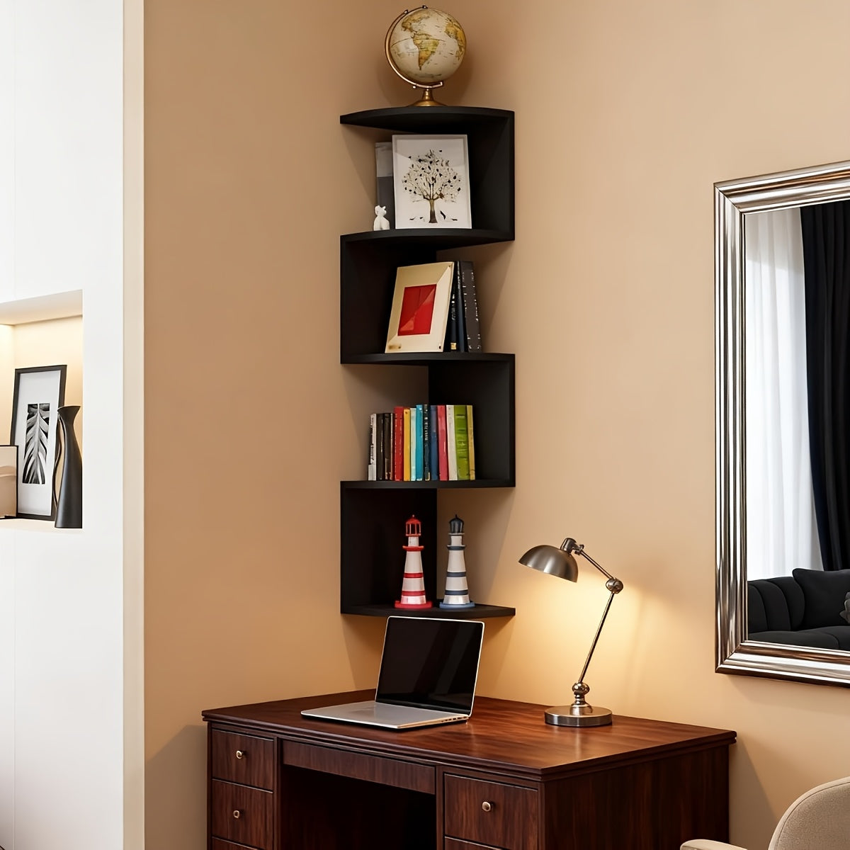 Floating Corner Wall Shelf 3 or 5-Tier, Wall Mounted Storage Rack for Living Room, Bedroom, Kitchen, Bathroom & Office, Easy Install Decorative Corner Shelves, White or Black, 1 or 2 Pieces