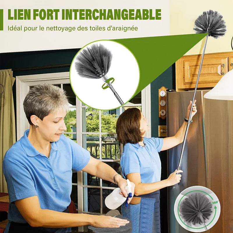 Extendable Microfiber Duster Set 7 Piece, Extra Long 100 Inch Dusting Wand with Stainless Steel Handle, Bendable Corner Broom for Ceiling Cobwebs, Washable & Reusable, Grey