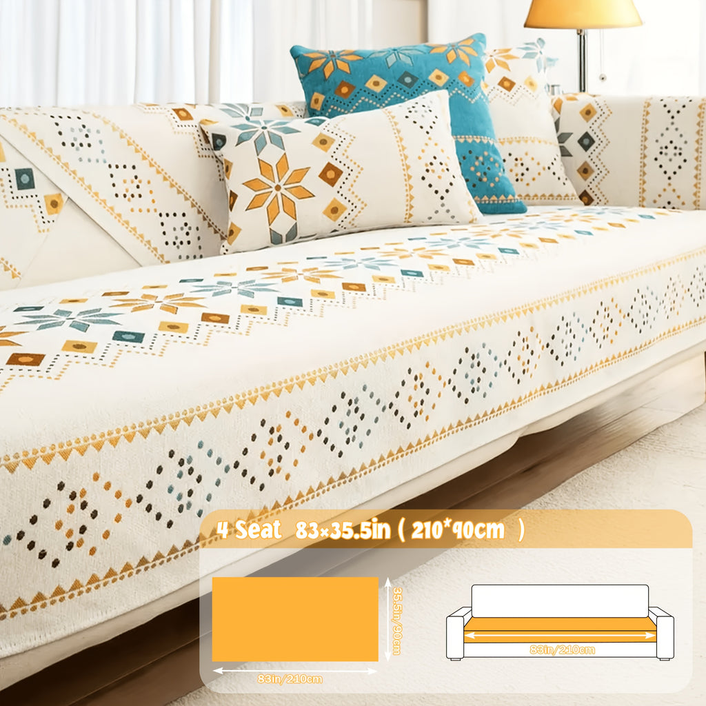 Chenille Sofa Cover Bohemian Geometric Slipcover | Light Breathable Non-Slip Machine Washable Couch Protector for 2/3/4 Seat L-Shape Sectional, Pet & Kid Friendly, White Green