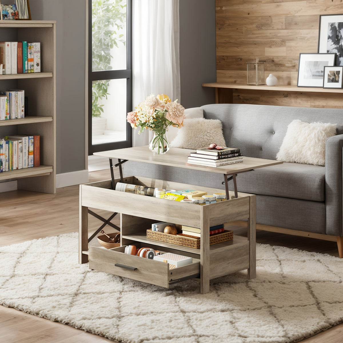 Lift Top Coffee Table with Storage Drawers & Hidden Compartment – Modern Wood Living Room Center Table, Space-Saving Multifunctional Design, 5 Colors