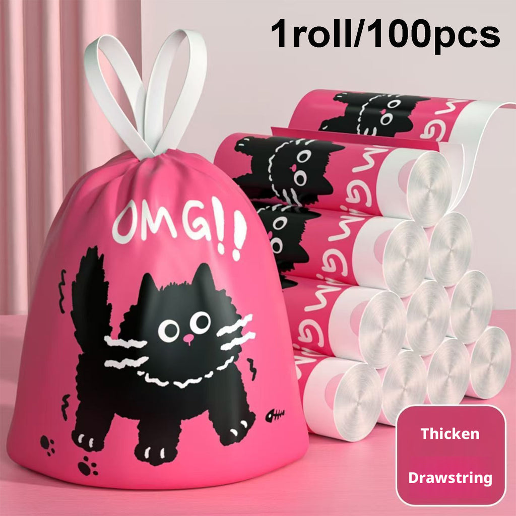 Pink Cute Black Cat Drawstring Trash Bags 100pcs – Thickened Durable Tear-Free Easy-Dispense Household Garbage Bags for Kitchen Bathroom Bedroom & Office Waste Bins
