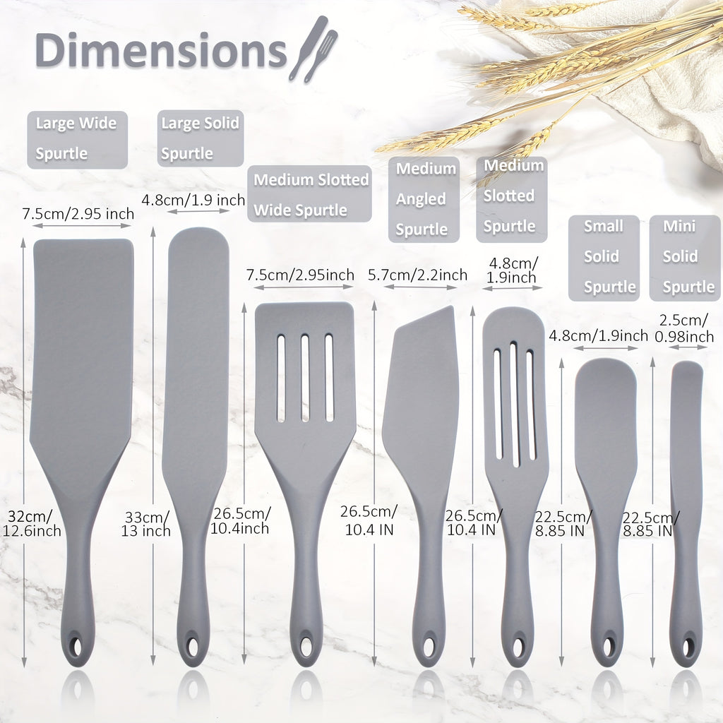 7-Piece Silicone Spurtle & Spatula Set – Heat-Resistant Cooking Utensils for Nonstick Cookware, Multi-Use Kitchen Tools for Serving, Baking, Whisking, Scooping & Spreading, Light Gray