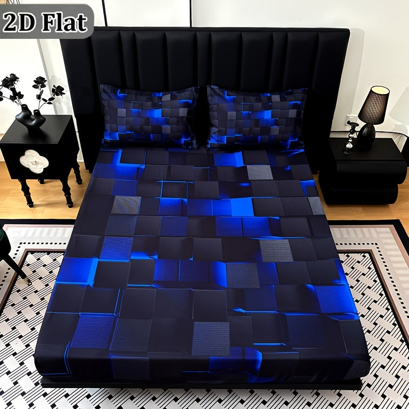 Tech Print Fitted Sheet Set 3 Piece - Digital Geometric Pattern Deep Pocket 15 Inch Bed Sheet with 2 Pillowcases Twin Full Queen King All Seasons
