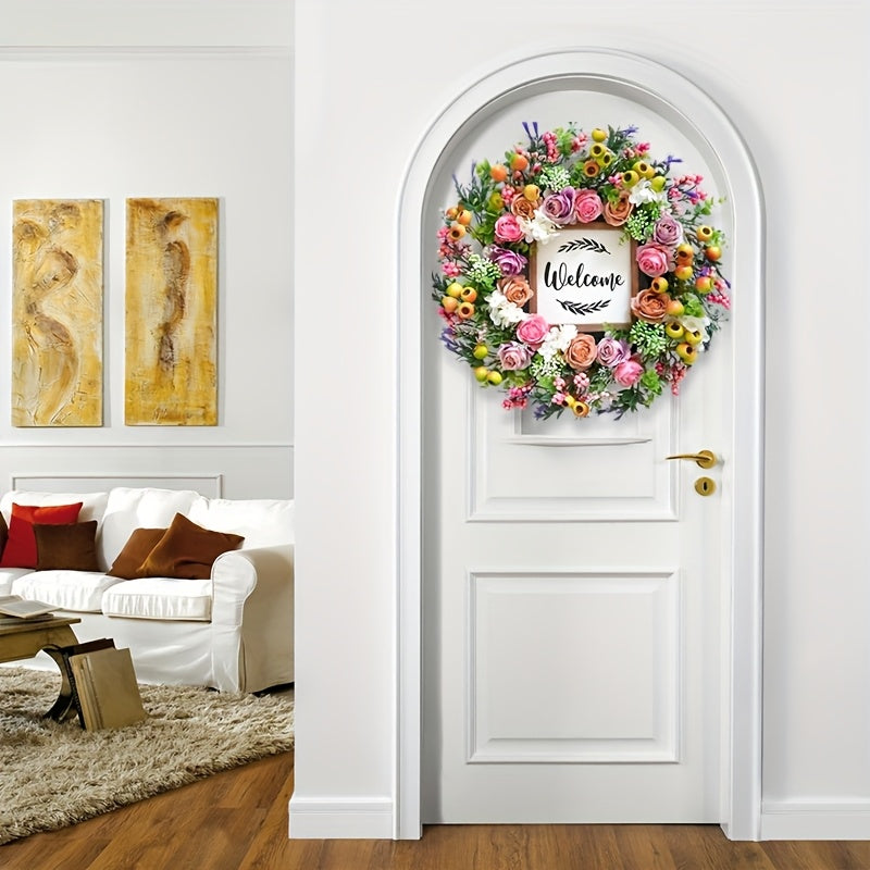 18 Inch Spring Summer Welcome Wreath for Front Door – Artificial Berry & Floral Decor with Welcome Sign, All Season Wall & Window Hanging, Mother's Day & Graduation Gift