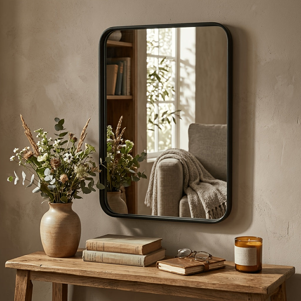 Metal Framed Rounded Rectangle Wall Mirror for Bathroom – Over Sink, Horizontal or Vertical Hanging, Modern Farmhouse Decor, Matte Black, Gold & Silver, Multiple Sizes 16x20 to 36x48 In