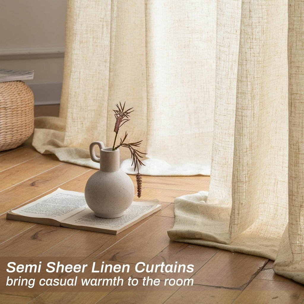 Linen Semi-Sheer Curtains 2 Panels Real Flax Light Filtering Drapes - Boho Farmhouse Window Curtains for Living Room Bedroom, 10 Colors Multiple Lengths Privacy Window Treatment