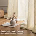 Linen Semi-Sheer Curtains 2 Panels Real Flax Light Filtering Drapes - Boho Farmhouse Window Curtains for Living Room Bedroom, 10 Colors Multiple Lengths Privacy Window Treatment