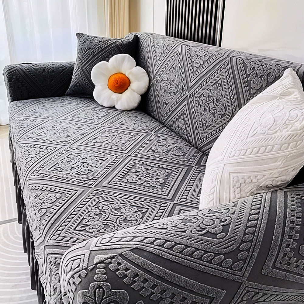 280 GSM Velvet Jacquard Sofa Cover One-Piece Full-Coverage Ruffle Detail Washable High Elastic Slipcover for 1 2 3 4 Seater L-Shape Corner Sofa Armchair Couch Protector Grey