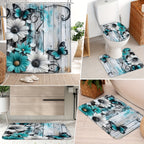 4pcs Floral Butterfly Shower Curtain Set Teal White with 12 Hooks Bath Rug - 2D Print Bathroom Decor Gift for Women Men Home Decoration | Nuvia Haven