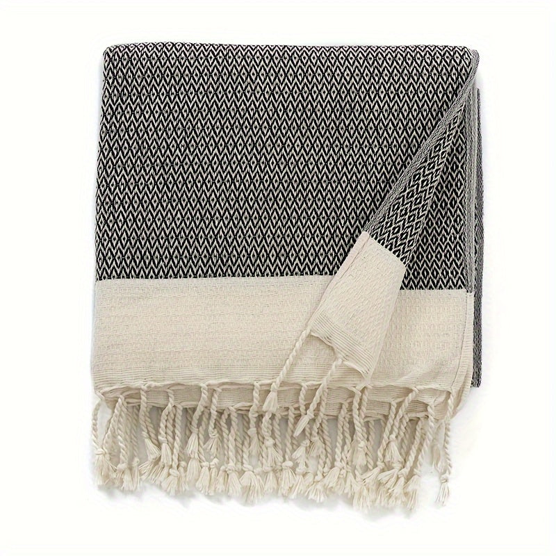 Cotton Tassel Blanket Boho Diamond Grid 100% Cotton 350GSM Breathable Soft All Season Machine Washable Throw for Bed Sofa Picnic Travel Black Navy Blue Light Blue Gray Red Orange Brown 49x71 Inch