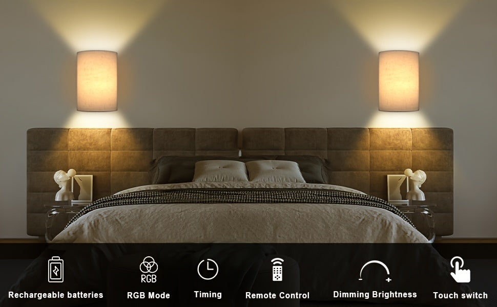 Wireless Wall Sconce with Linen Shade 2-Pack Battery Powered 3500mAh - 16 RGB Colors 3 White Light Modes Dimmable Timer Remote Control - Indoor Wall Light for Bedroom Living Room Hallway