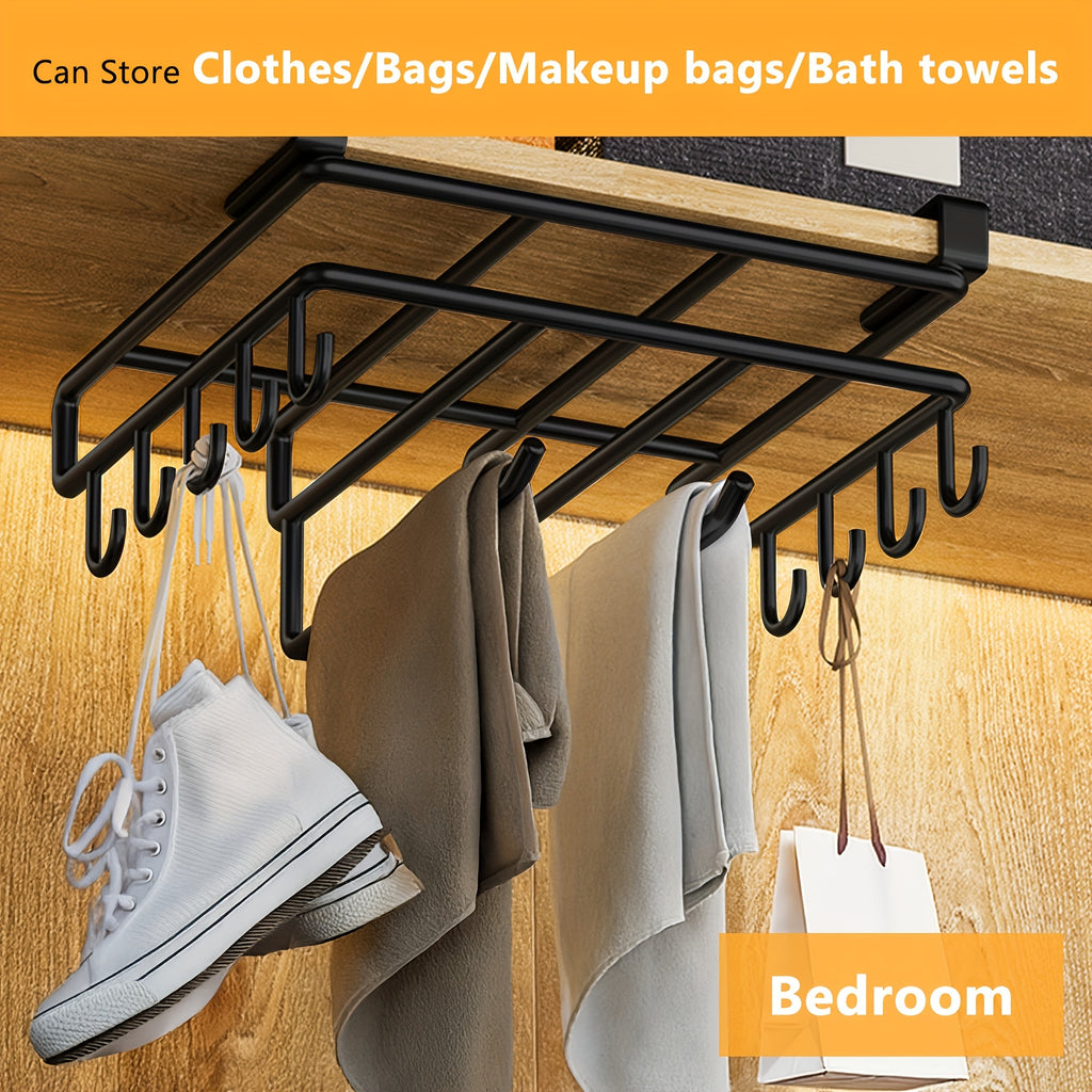 Under Cabinet Organizer Rack with Double Row Hooks Heavy Duty Carbon Steel Kitchen Shelf for Utensils Towels Cups Cutting Boards – No-Drill Easy Install
