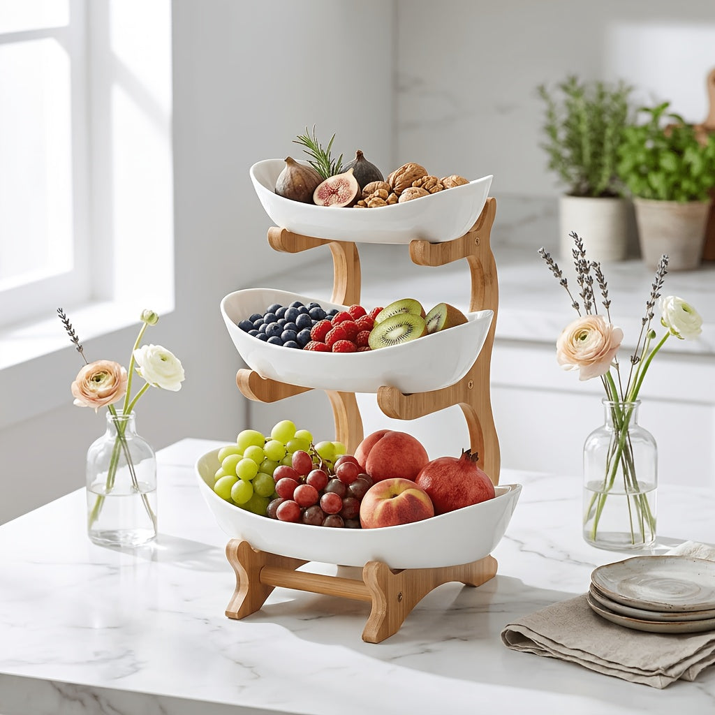 Tiered Fruit Basket Bowl 2-3 Layer Bamboo Wood Stand Kitchen Counter Serving Tray Snack Candy Plate with Fork European Style