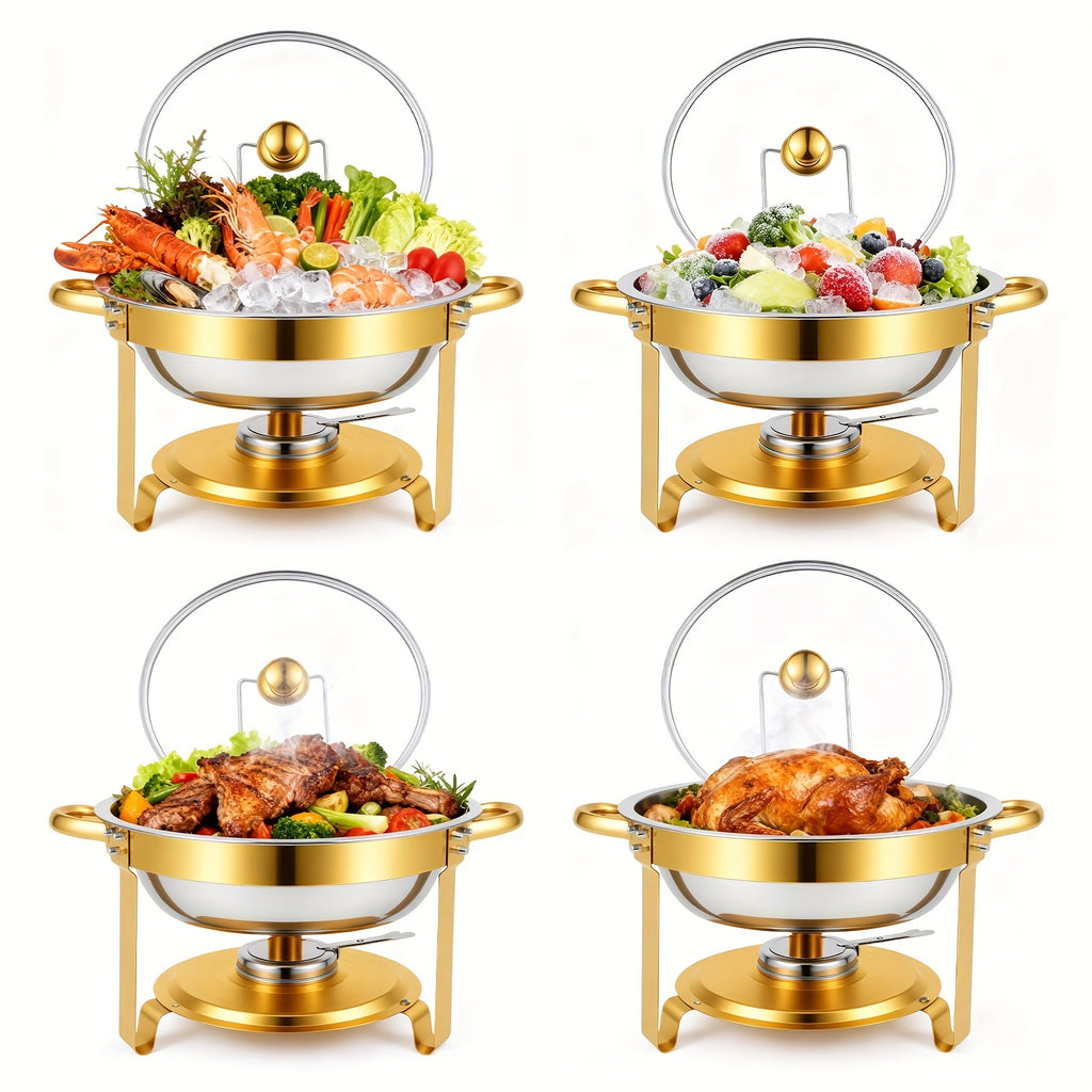 Stainless Steel Chafing Dish Buffet Set 5QT Round - Premium Food Warmer Server with Dome Lid for Parties, Banquets, Weddings & Catering, Available in 1, 2 & 4 Pack Golden Finish