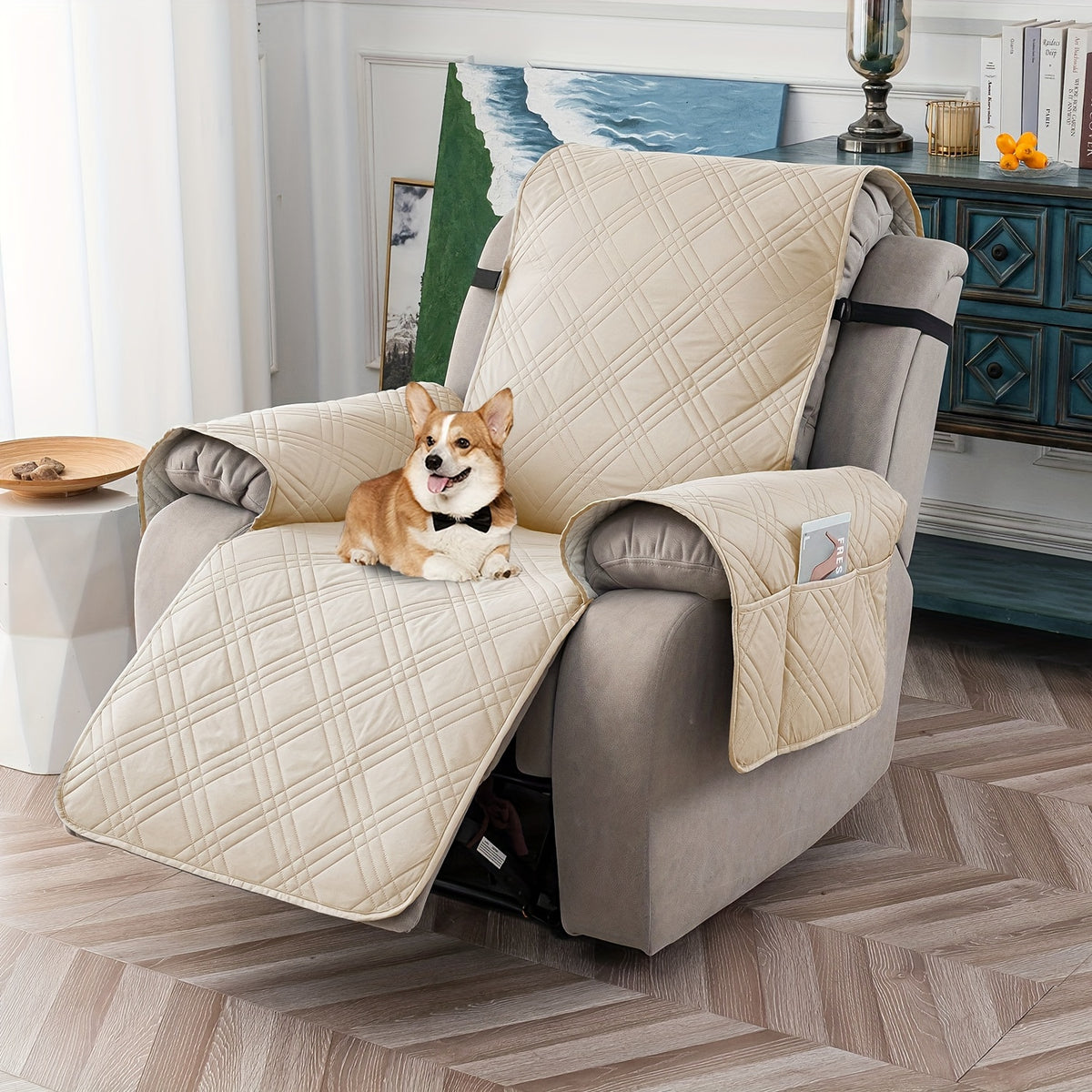 Waterproof Recliner Cover Pet Scratch-Resistant, 5-Layer Quilted Non-Slip Recliner Chair Slipcover with Pocket & Elastic Straps, Easy-Care Polyester Furniture Protector for Living Room, Bedroom & Office, Coffee/Gray