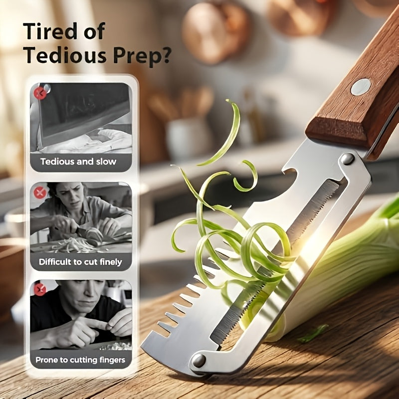 Vegetable Peeler and Slicer Set Stainless Steel with Wooden Handle – 2-Piece Kitchen Gadget with Scallion Cutter, Straight Blade & Built-In Bottle Opener