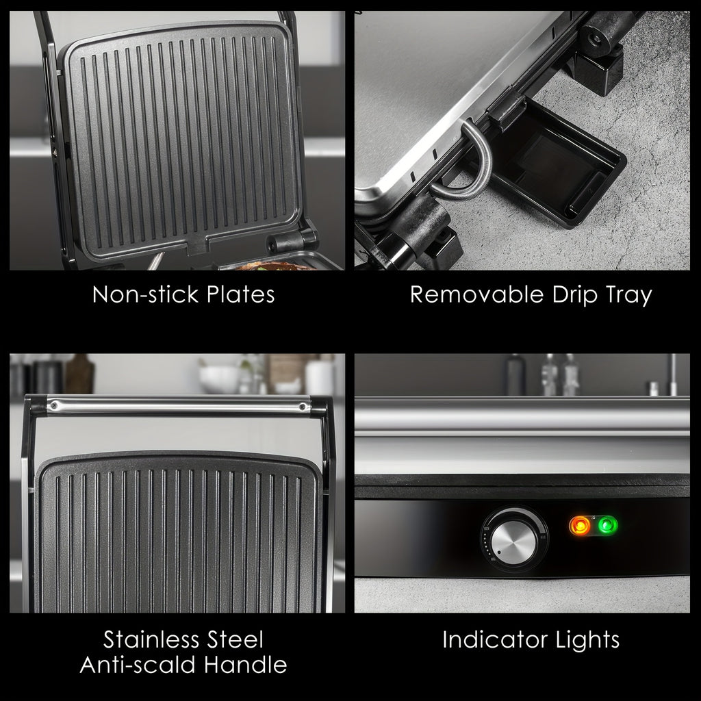 1200W Panini Press & Sandwich Maker 4-Slice Non-Stick Grill, 180° Flat Open, Adjustable Temp 120–428°F, Removable Drip Tray, LED Indicator, Cool-Touch Handle