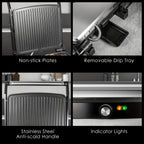 1200W Panini Press & Sandwich Maker 4-Slice Non-Stick Grill, 180° Flat Open, Adjustable Temp 120–428°F, Removable Drip Tray, LED Indicator, Cool-Touch Handle