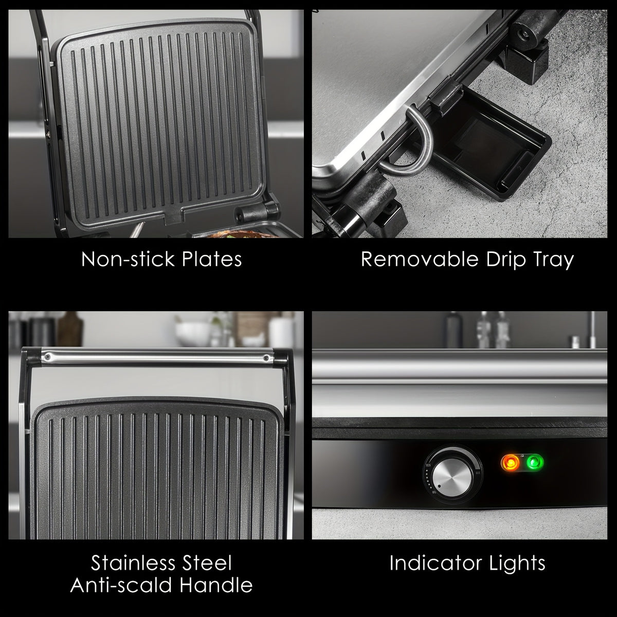 1200W Panini Press & Sandwich Maker 4-Slice Non-Stick Grill, 180° Flat Open, Adjustable Temp 120–428°F, Removable Drip Tray, LED Indicator, Cool-Touch Handle