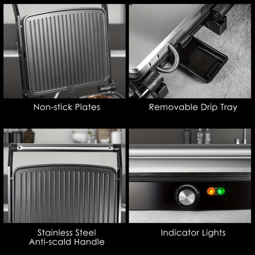 1200W Panini Press & Sandwich Maker 4-Slice Non-Stick Grill, 180° Flat Open, Adjustable Temp 120–428°F, Removable Drip Tray, LED Indicator, Cool-Touch Handle