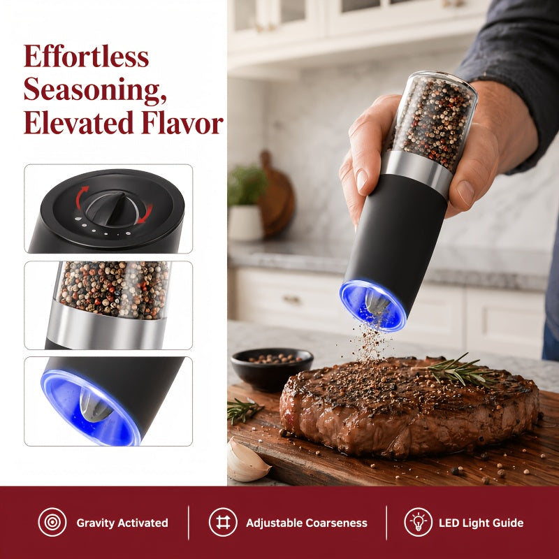 Electric Salt and Pepper Grinder Set 2-Pack - Automatic Battery-Powered Mill with LED Light, Adjustable Coarseness, Large Capacity for Home Kitchen & BBQ - Great Father's Day & Birthday Gift