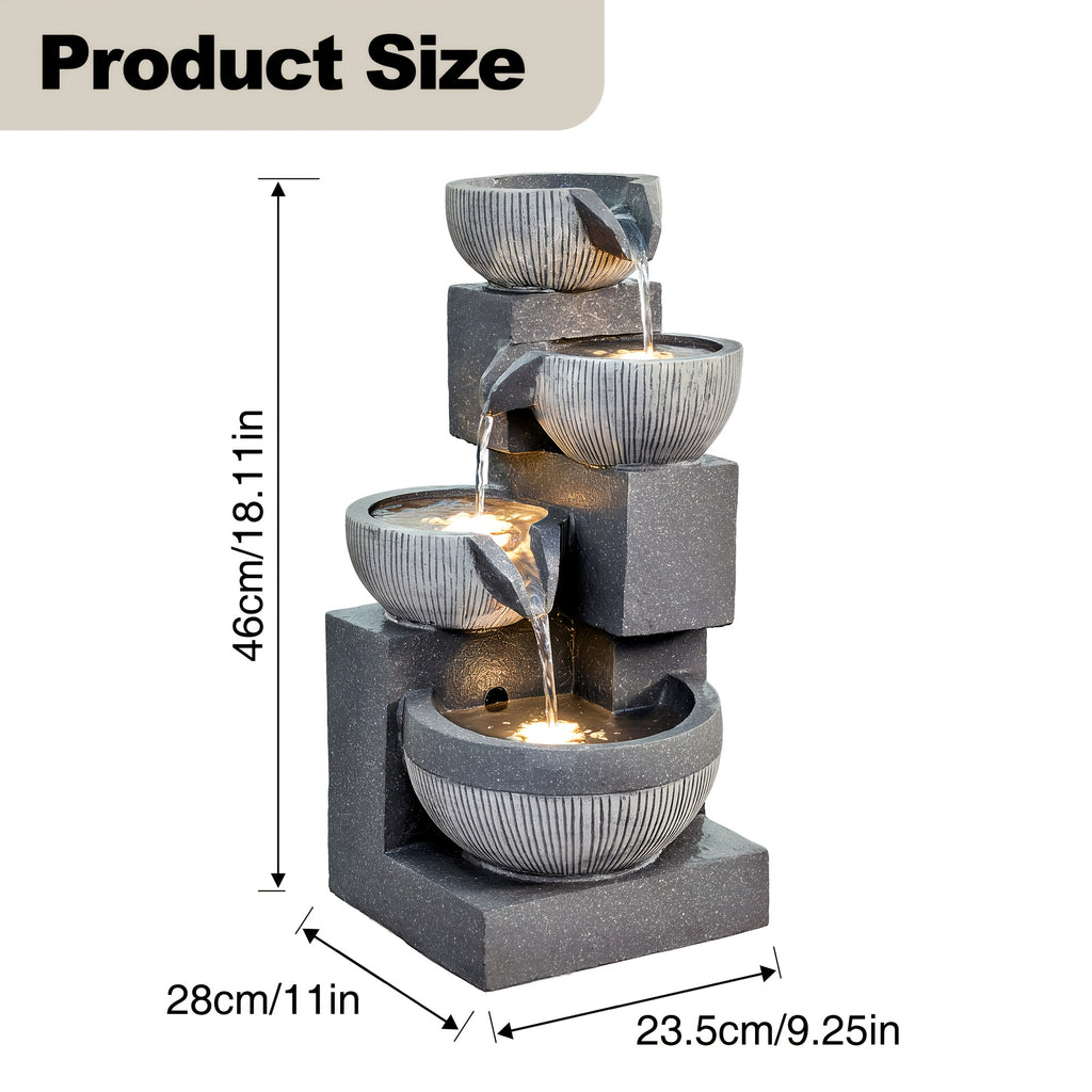 4-Tier Cascading Bowl Water Fountain 18.7" Floor Standing with LED Lights & Silent Pump – Indoor Waterfall Fountain for Home Decor, Office & Meditation