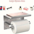Self-Adhesive Toilet Paper Holder with Phone Stand - No-Drill Stainless Steel Wall Mount Bathroom Tissue Roll Holder with Shelf, Polished Finish Bathroom Accessories