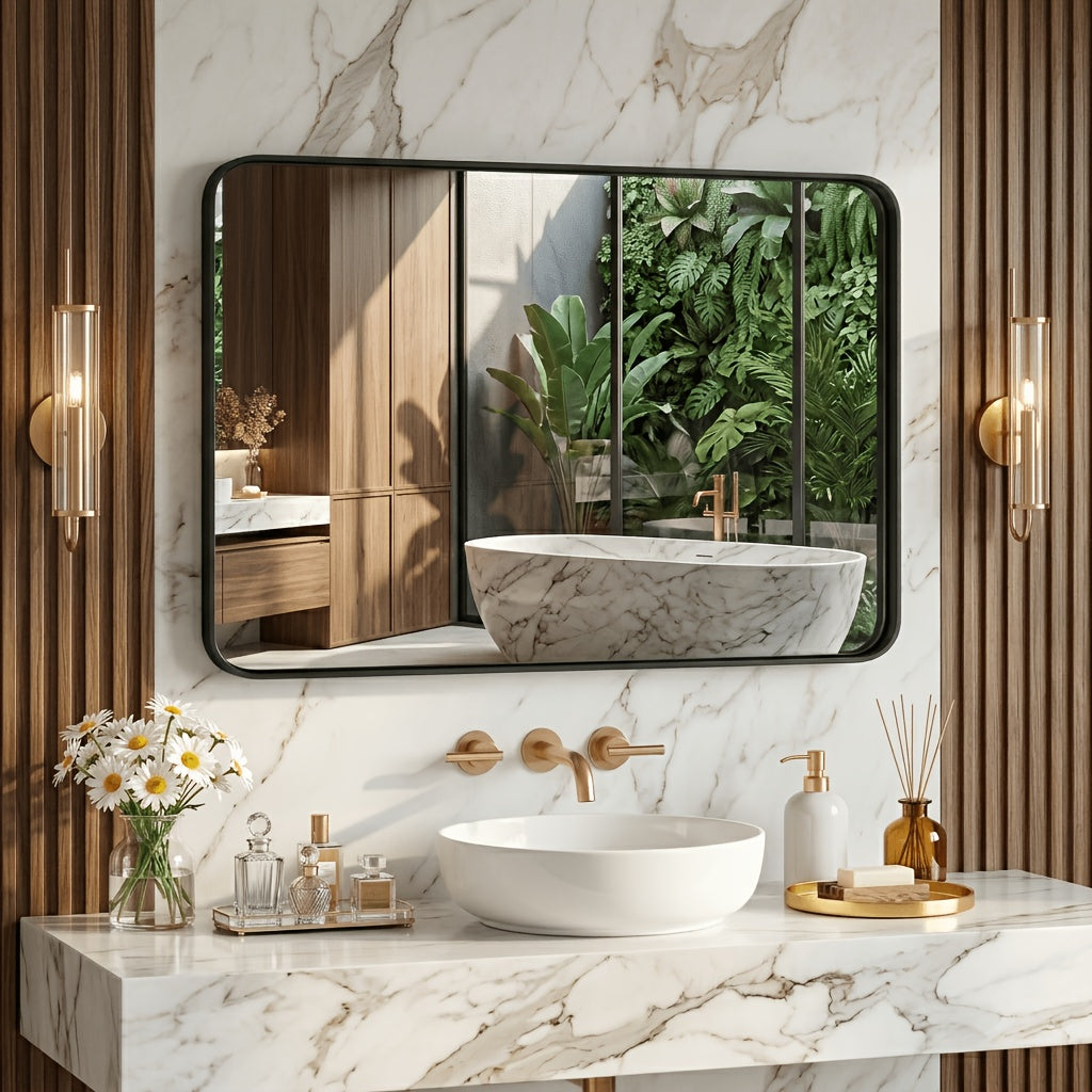 Metal Framed Rounded Rectangle Wall Mirror for Bathroom – Over Sink, Horizontal or Vertical Hanging, Modern Farmhouse Decor, Matte Black, Gold & Silver, Multiple Sizes 16x20 to 36x48 In
