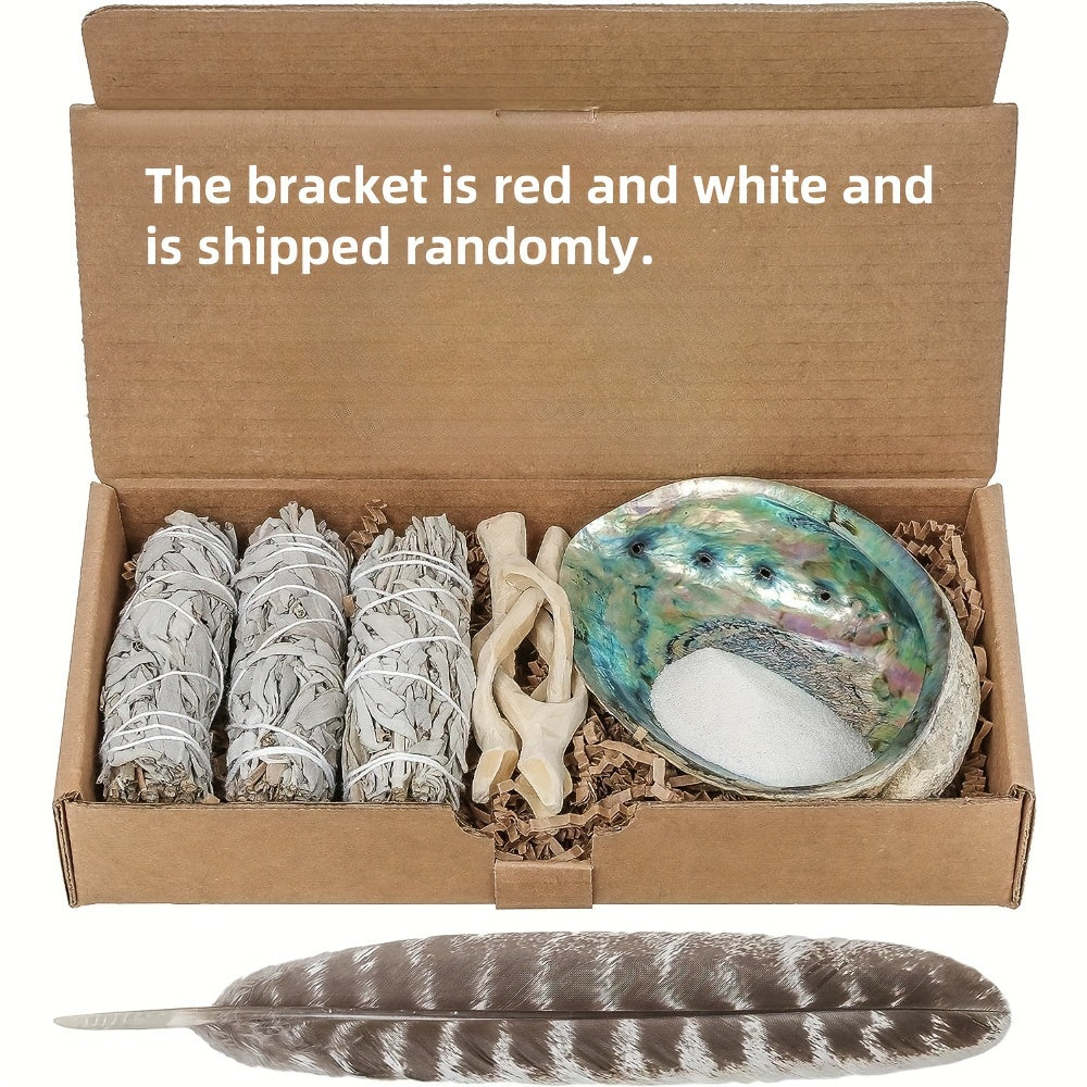 White Sage Smudge Kit 6-Piece Complete Altar Set – 4" Sage Sticks, Abalone Shell, Carved Cobra Tripod Stand, Turkey Feather, White Sand & Blessing Card for Cleansing & Meditation