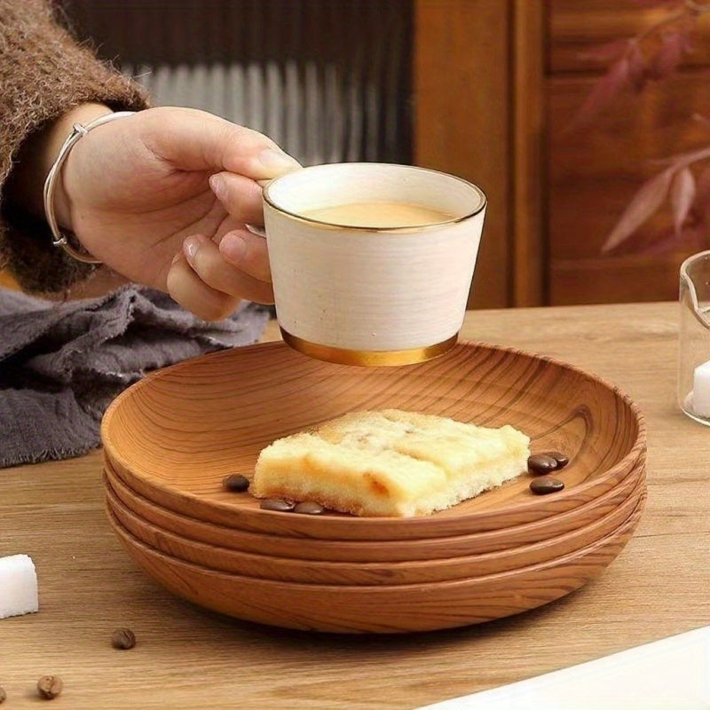 10-Piece Wood Grain Plastic Dinner Plates Round Striped Pattern Luxury Feel for Home Restaurant Dessert Shop Snack Fruit Tea Tray