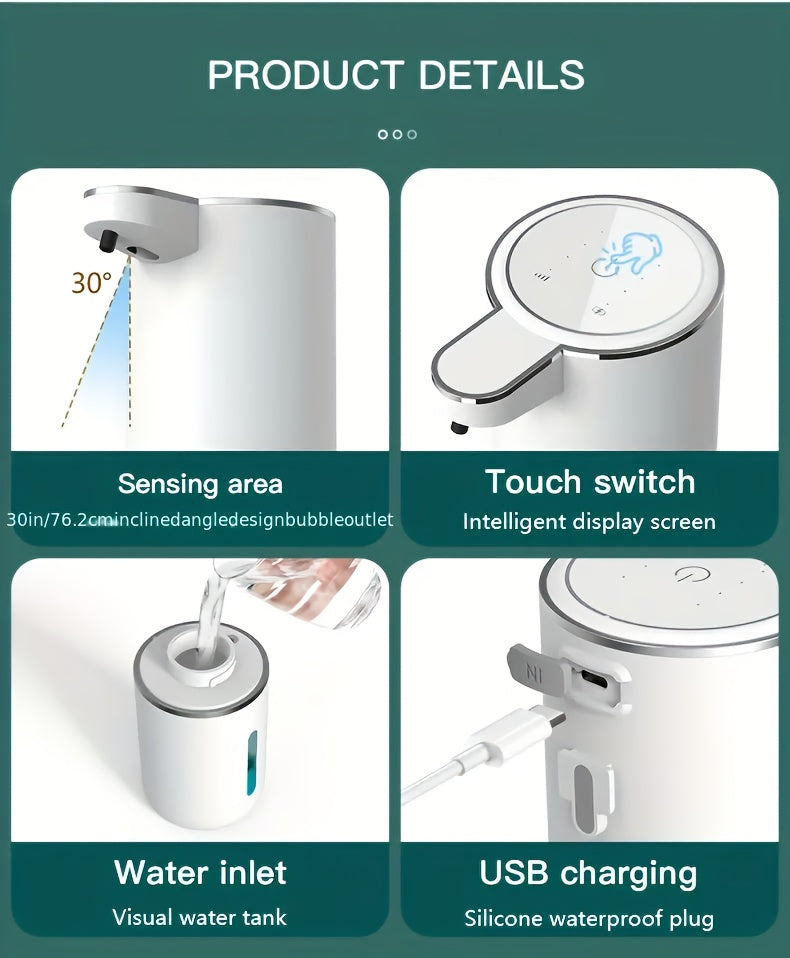 Touchless Foam Soap Dispenser Automatic USB-C Rechargeable Wall-Mounted IPX5 Waterproof 400ml with 4 Adjustable Foam Levels for Bathroom and Kitchen – No Battery Needed
