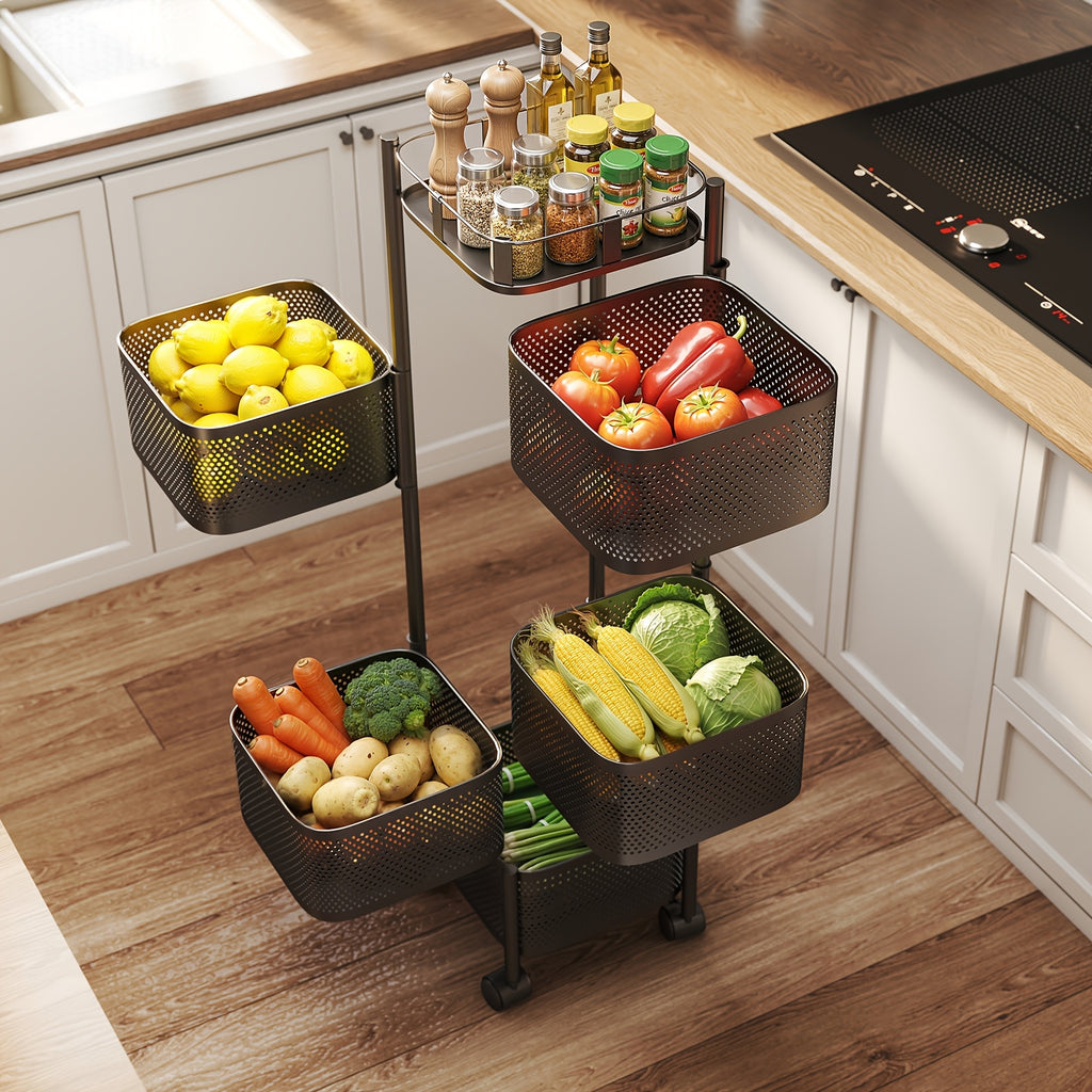 5-Tier Rotating Kitchen Storage Basket on Wheels Metal Fruit Vegetable Rack Rolling Floor Standing Trolley for Kitchen Bathroom Square Black White