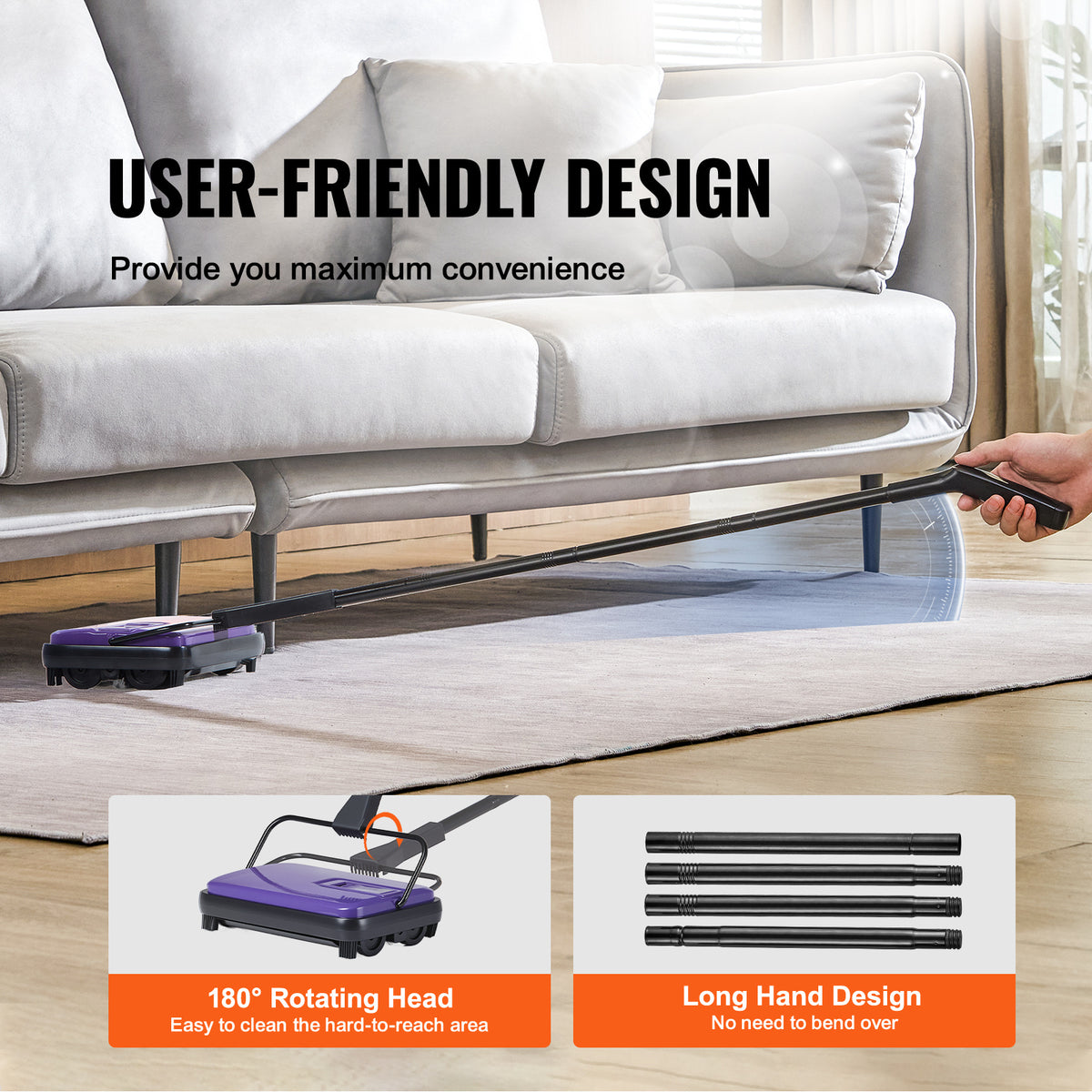 Manual Carpet Sweeper No Battery Needed 300ml Dustbin 180° Rotating Head Floor Sweeper for Carpet Hardwood Tile Pet Hair Home Office