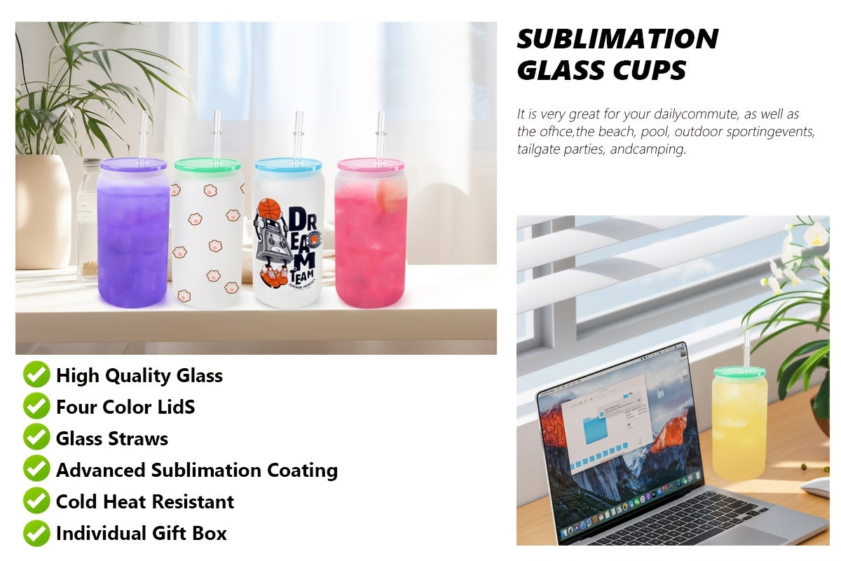 Frosted Glass Tumblers Set 16oz - Borosilicate Can Glasses with Acrylic Lids for Iced Coffee, Juice & Soda, Sublimation Ready, 8 or 12 Pack Perfect Christmas Holiday Gift