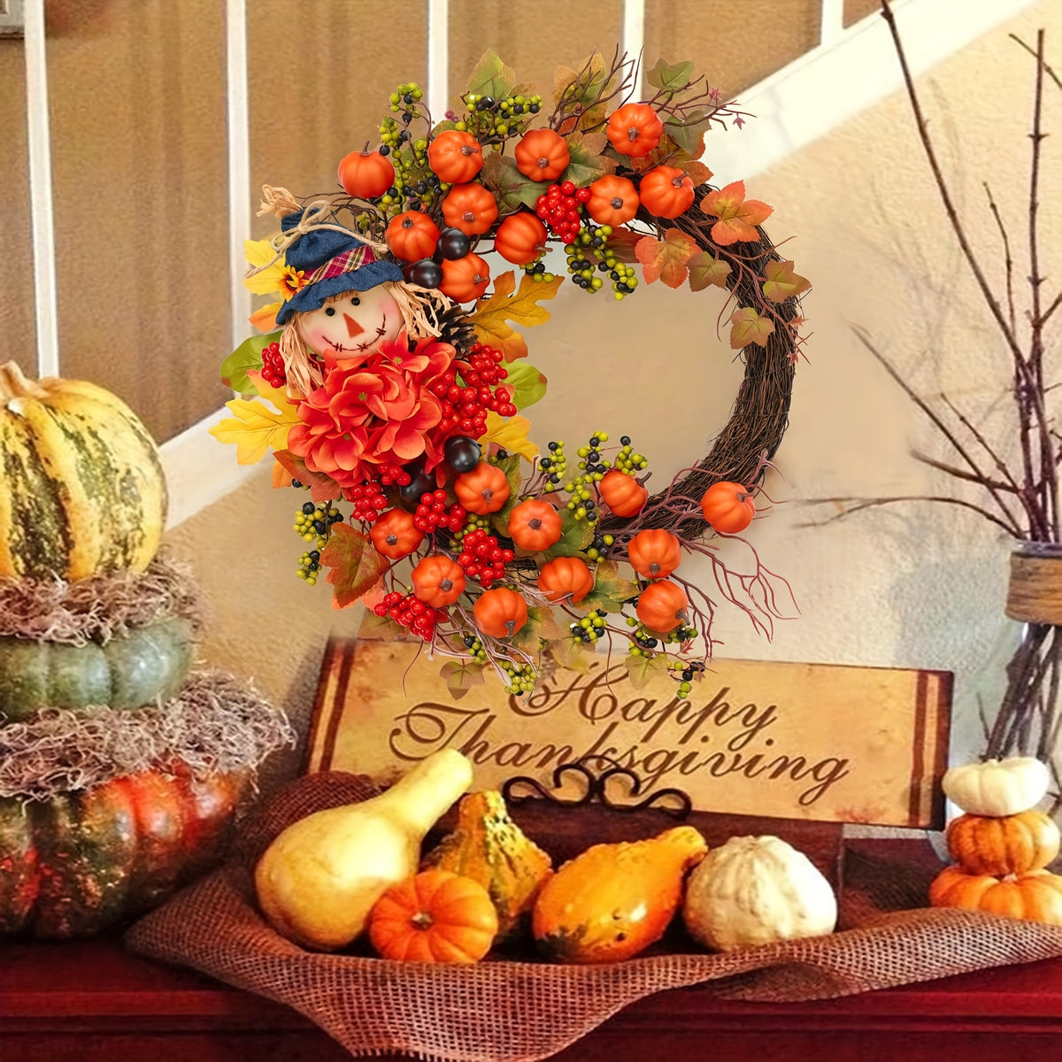 Fall Thanksgiving Wreath Decor – Pumpkin Leaves Floral Doll Autumn Wreath for Front Door, Indoor & Outdoor Walls, Windows, Family & Holiday Party, Christmas Winter Home Decor