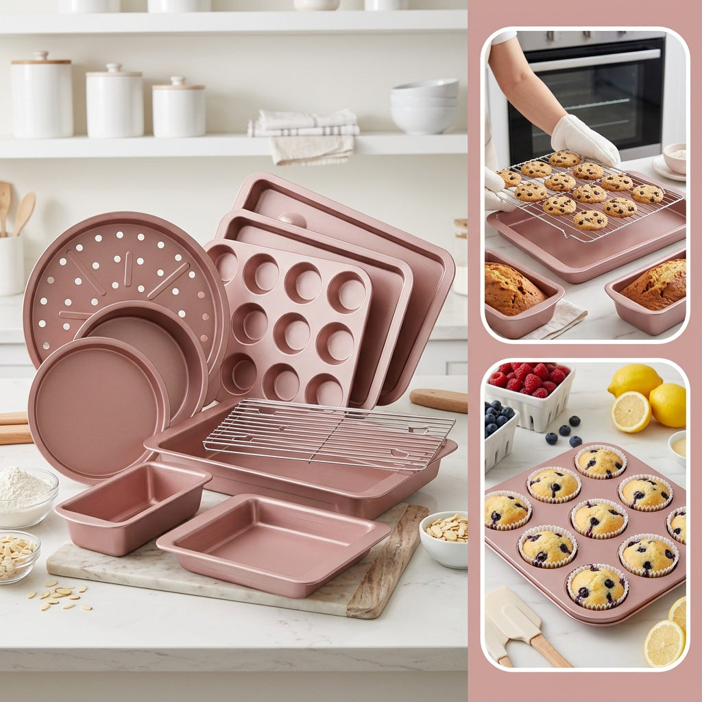 10-Piece Non-Stick Carbon Steel Bakeware Set – Cookie Sheet, Muffin Tray, Pizza Pan, Cake Tin & Roasting Dish, Complete Oven Baking Pans for Home Kitchen, Standard, Pink & Black