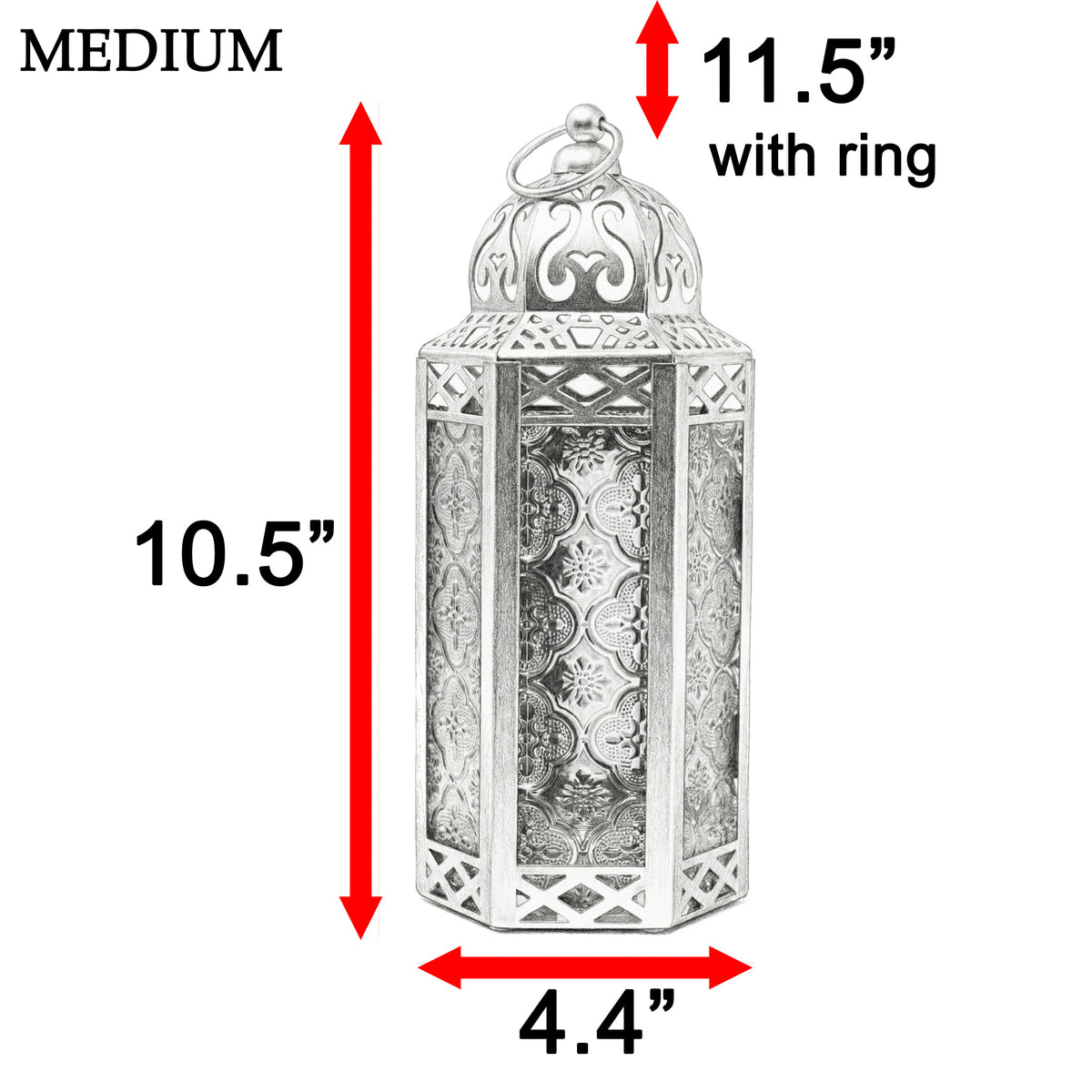 Moroccan Candle Lantern Holder Medium 10.5 Inch – Handcrafted Glass Iron Metal Lantern with Embossed Floral Panels, 17 Colors, Indoor Outdoor Use for Ramadan, Wedding, Patio, Diwali & Home Decor