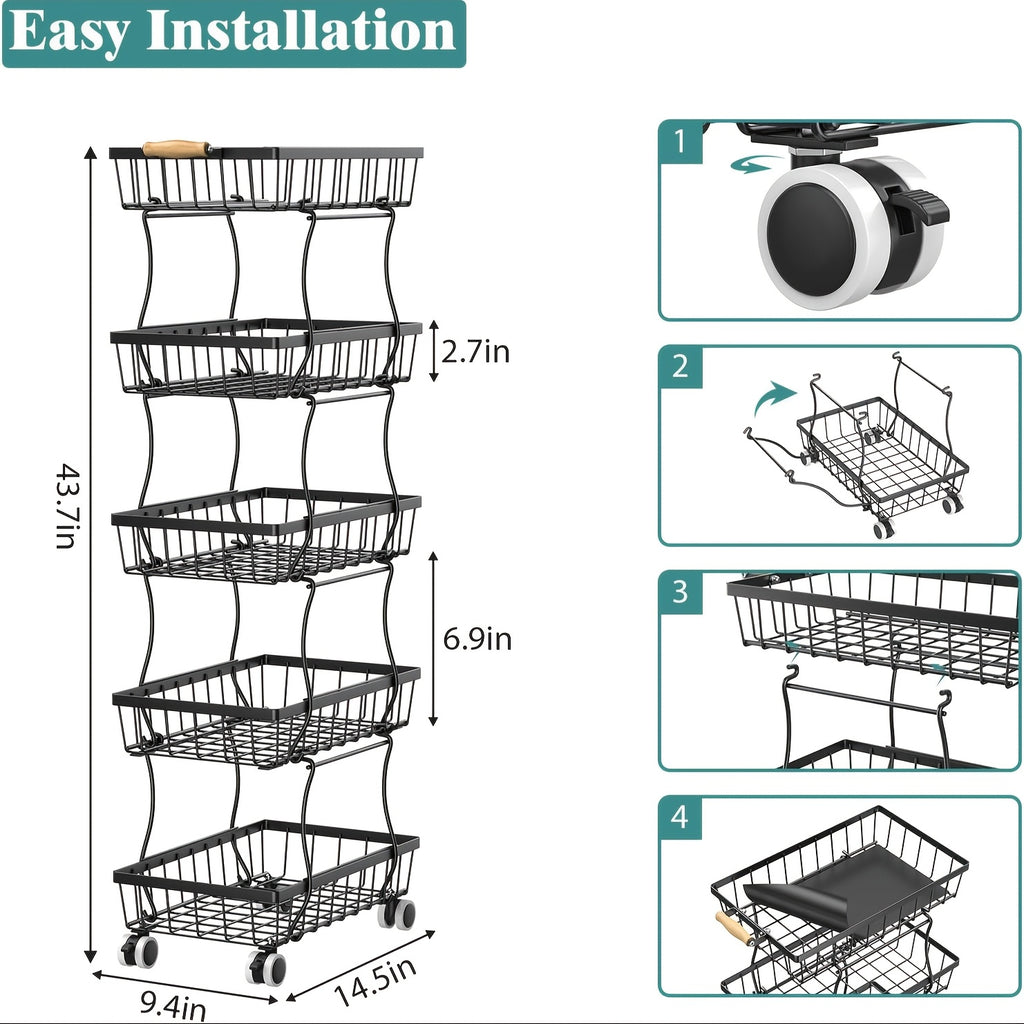 Fruit and Vegetable Basket Storage Cart with Wheels 4-Tier & 5-Tier Stackable Metal Rolling Produce Rack for Kitchen Pantry Bathroom Corner