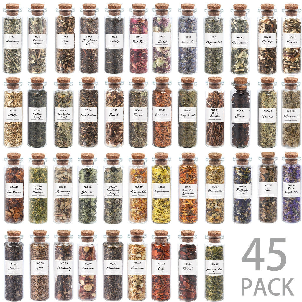 45 Bottles Dried Herbs & Flowers Kit with Crystal Spoon – Beginner Altar Supplies for Wicca, Pagan Magic, Incense, Bath & Spells, Unique Gift for Mother’s Day, Graduation & Wedding