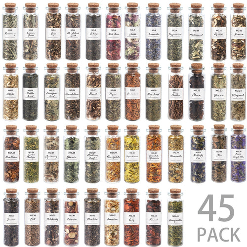 45 Bottles Dried Herbs & Flowers Kit with Crystal Spoon – Beginner Altar Supplies for Wicca, Pagan Magic, Incense, Bath & Spells, Unique Gift for Mother’s Day, Graduation & Wedding