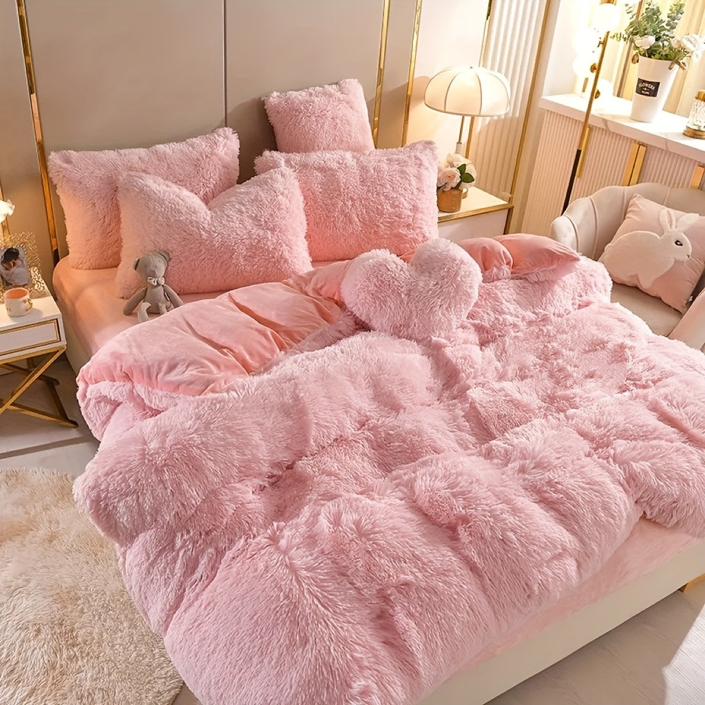 Velvet Duvet Cover Set Queen King Twin - Faux Down Flannel Bedding with Pillowcases & Bonus Heart Pillow, Zipper Closure Plush Thermal All-Season, 8 Colors 3/4-Piece