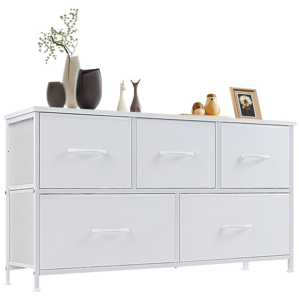 5-Drawer Wide Dresser with Fabric Bins – Freestanding Wood Frame Chest of Drawers, Low Profile Compact Storage Organizer for Bedroom, Hallway, Living Room & Closet, Space-Saving Furniture in Khaki/Green