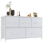 5-Drawer Wide Dresser with Fabric Bins – Freestanding Wood Frame Chest of Drawers, Low Profile Compact Storage Organizer for Bedroom, Hallway, Living Room & Closet, Space-Saving Furniture in Khaki/Green