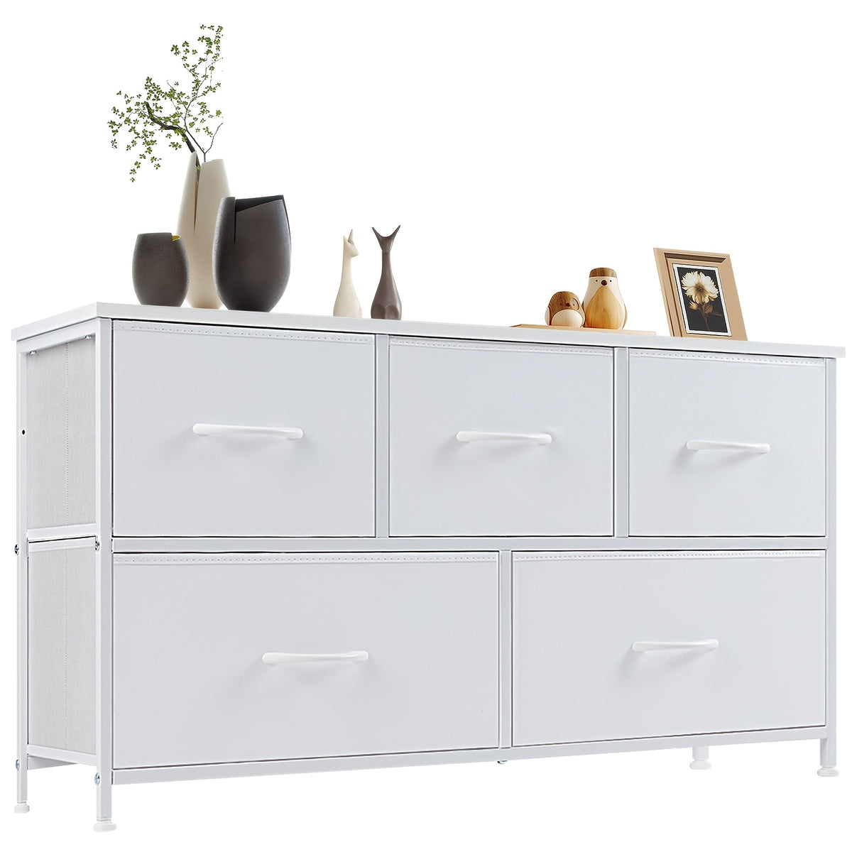 5-Drawer Wide Dresser with Fabric Bins – Freestanding Wood Frame Chest of Drawers, Low Profile Compact Storage Organizer for Bedroom, Hallway, Living Room & Closet, Space-Saving Furniture in Khaki/Green