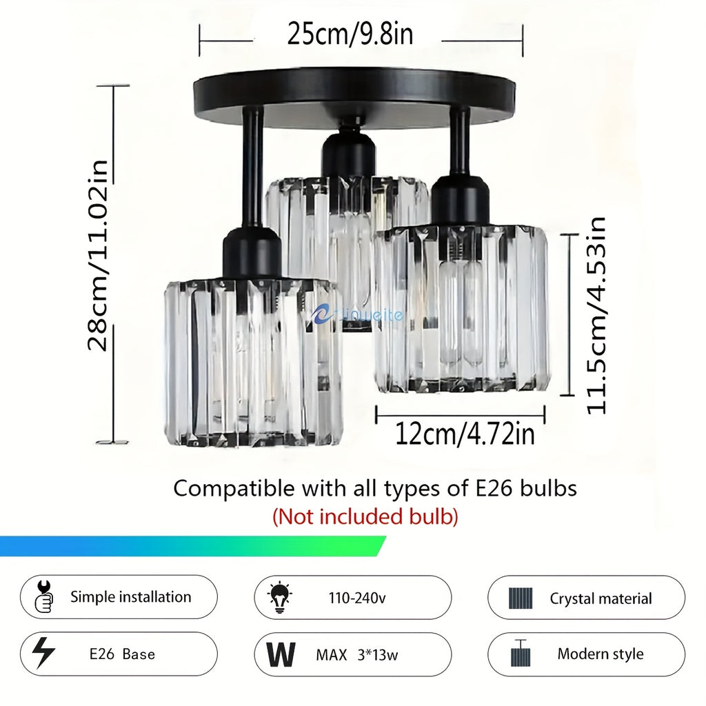 Crystal Semi Flush Mount Ceiling Light 3-Light Modern Chandelier with Transparent Glass Shades for Kitchen Hallway Bedroom Living Room – Black or Gold