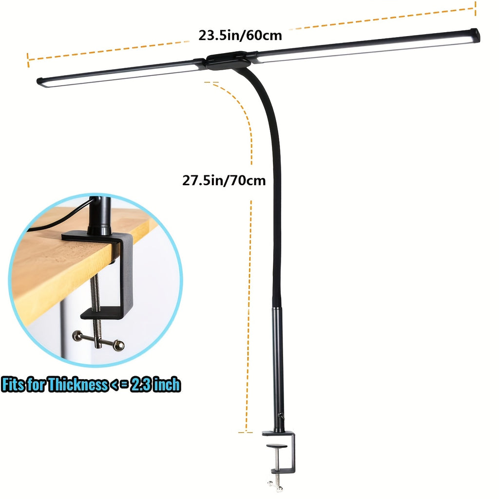 Dual Head LED Desk Lamp Touch Dimmable Gooseneck with Clip & Base USB 13W 3 Color Modes 10 Brightness Levels for Home Office Study Gaming