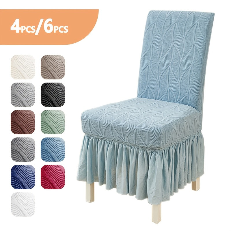 Jacquard Leaf Stretch Dining Chair Covers with Skirt 4 or 6 Pack, Universal Removable Parsons Chair Slipcovers for Dining Room Kitchen Wedding Party Banquet