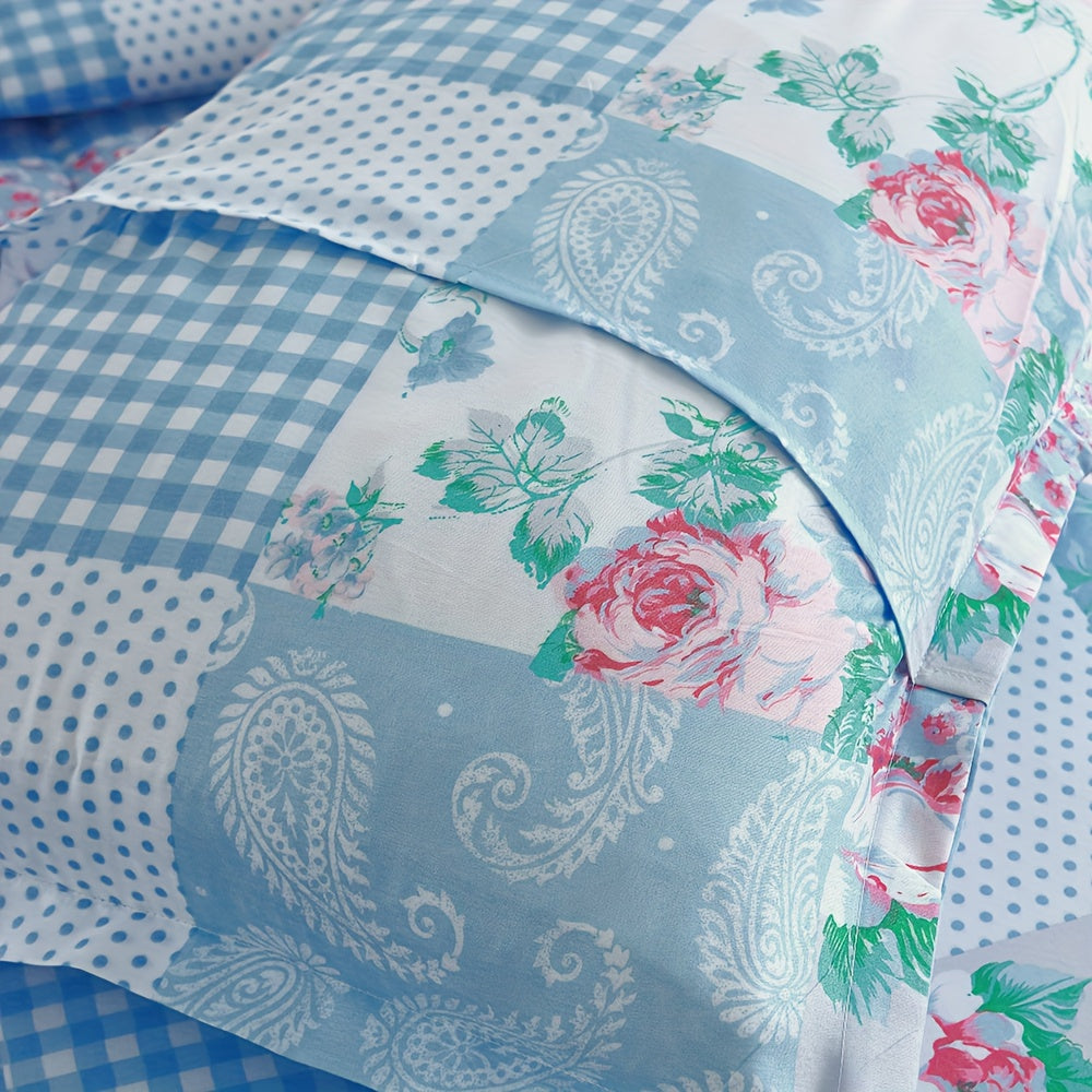 Blue Checkered Floral Comforter Set 2/3 Piece – Lightweight All-Season Quilt with Pillowcases, Soft Bedding Set Twin Queen King, Machine Washable