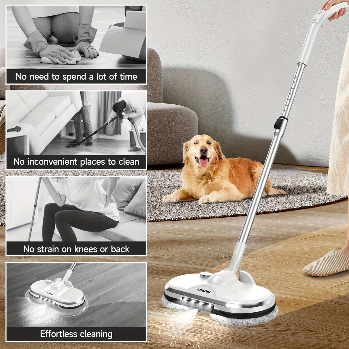 Electric Cordless Spin Mop Dual Motor 150RPM with LED Headlight Water Spray Tank Floor Cleaner for Hardwood Tile Marble Quiet Rechargeable Waxing Scrubber