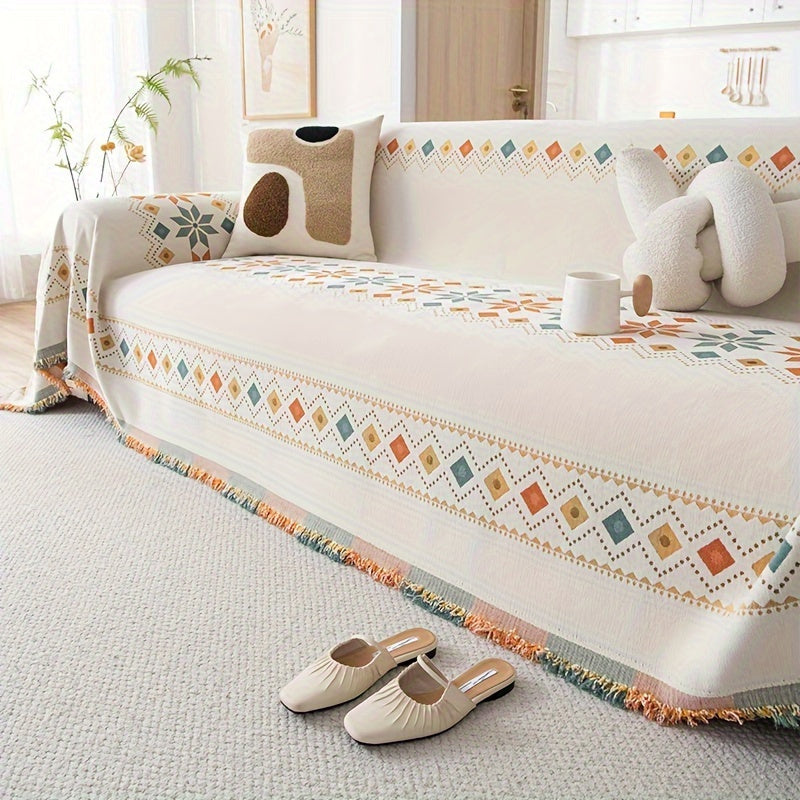 Chenille Boho Sofa Cover with Embroidered Detail – Machine Washable Slipcover for 1 2 3 4 Seater Sectional Couches, Extra Large Sizes, No Padding, 4 Colors